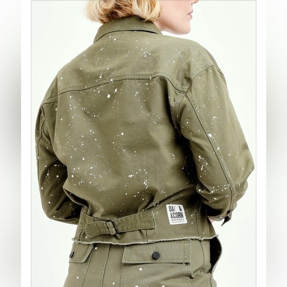 NWT Oak & Acorn Painter Cropped Jacket Sage Green Cotton Splatter L - Picture 4 of 13